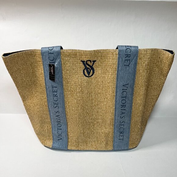 Victoria Secret Beach Tote Bag Pool Straw Raffia Woven Beige Blue Logo Large - Picture 1 of 11